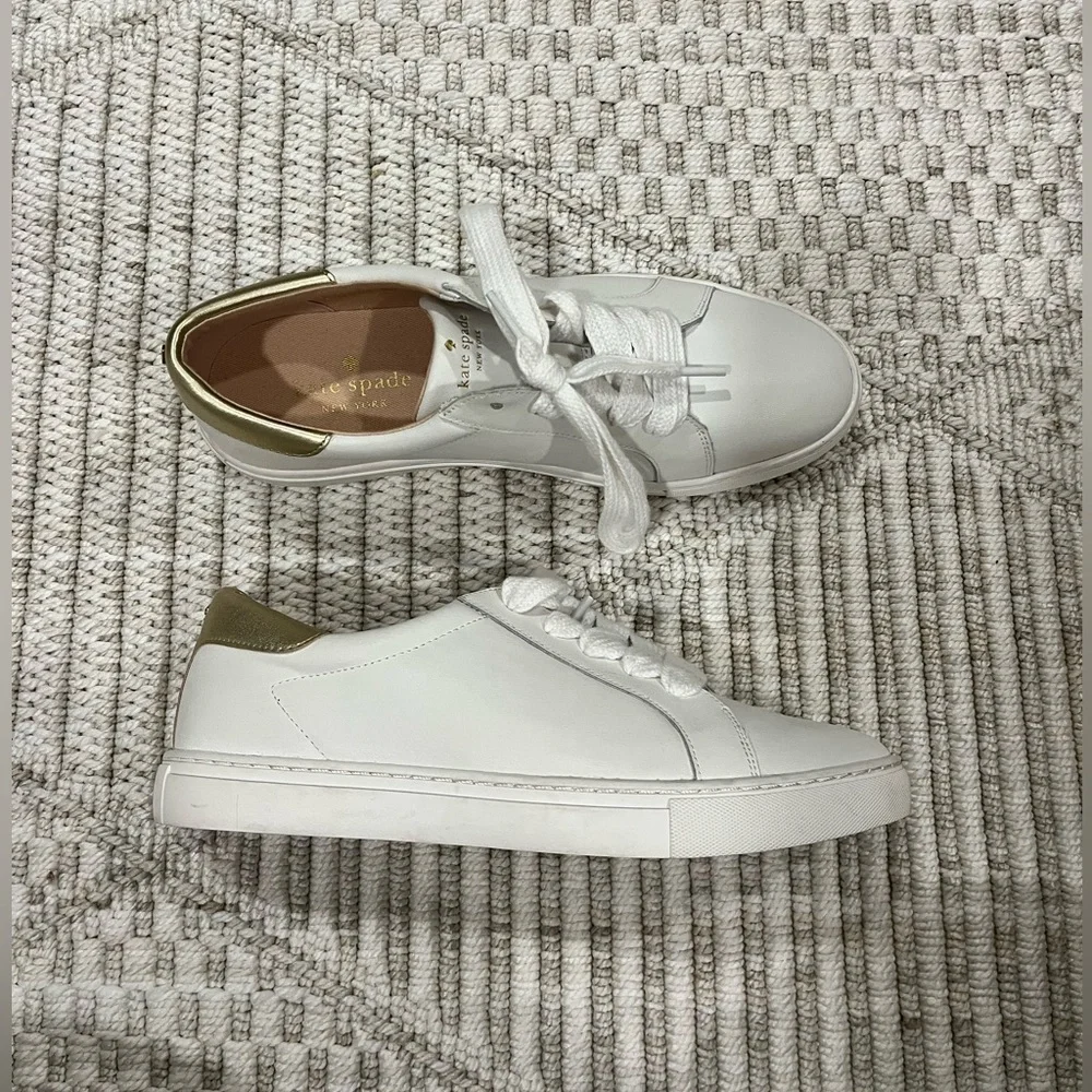Kate Spade New York Adora Leather White and Gold Sneakers